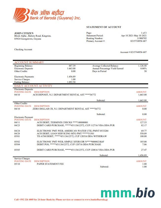 Gwinea Bissau Banco da Uniao szablon wyciągu bankowego w programie Word i PDF